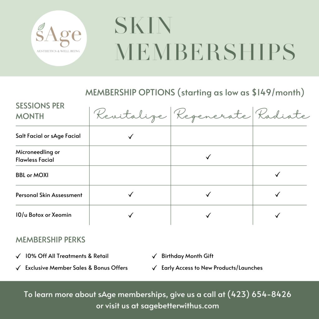 Photo of the Skin Memberships info. Call us at 423-654-8426 to learn more.