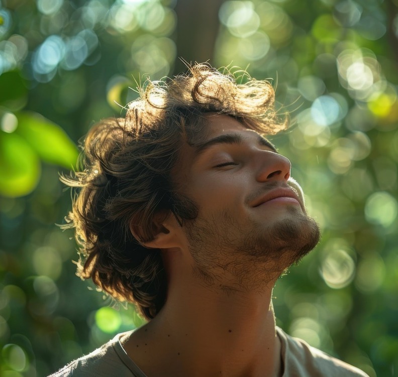 Photo of a man at peace, surrounded by green woods